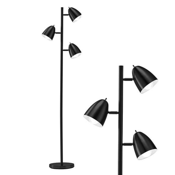 Brightech Jacob 64" Modern 3-Light Adjustable LED Floor Lamp with Black Finish and Metal Cone Shades, Bulbs Included