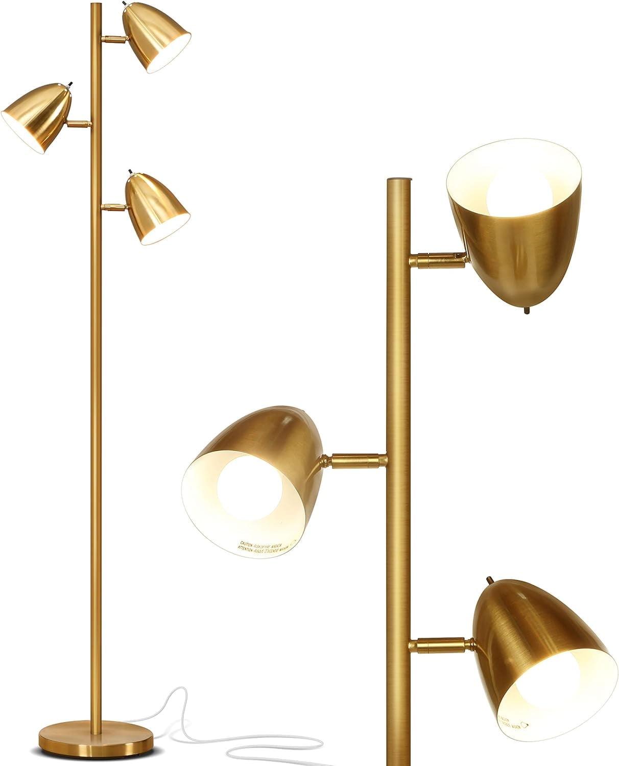 Brightech Jacob 64" Modern 3-Light Adjustable LED Floor Lamp with Gold Brass Finish and Metal Cone Shades, Bulbs Included