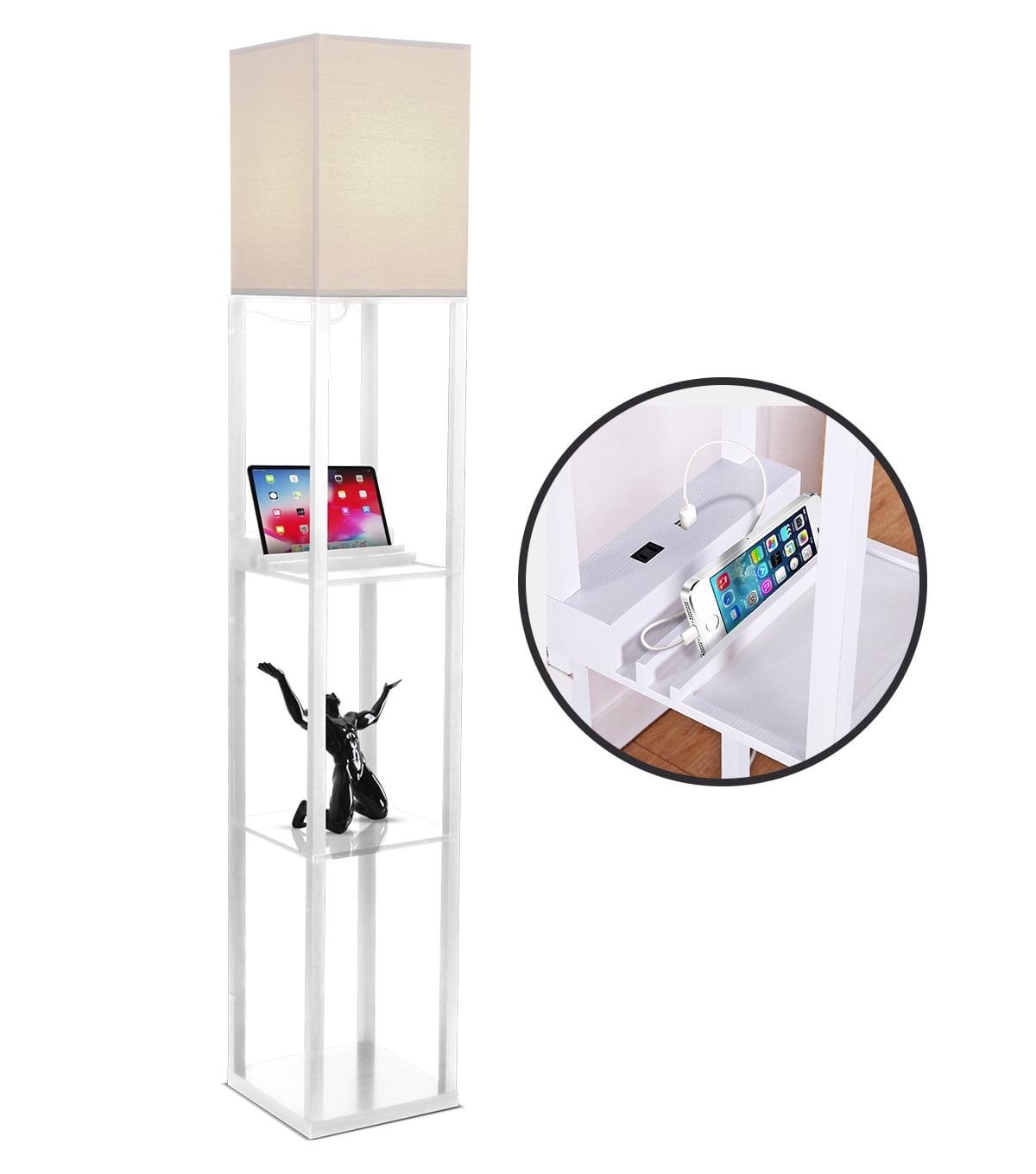 Brightech Maxwell 63 in. 3-Shelf USB-Charging LED Floor Lamp with Fabric Square Shade