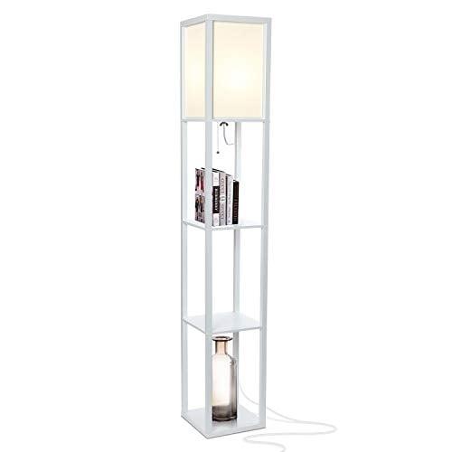 Brightech Maxwell - Modern LED Shelf Floor Lamp - Skinny End Table & Nightstand for Bedroom - Combo Narrow Side Table with Standing Accent Light Attached - Asian Tower Book Shelves - White