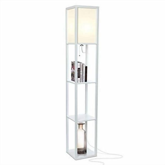 Brightech Maxwell 63" Modern LED Shelf Floor Lamp with White Finish, 3 Tiers, and Fabric Square Shade, Bulb Included