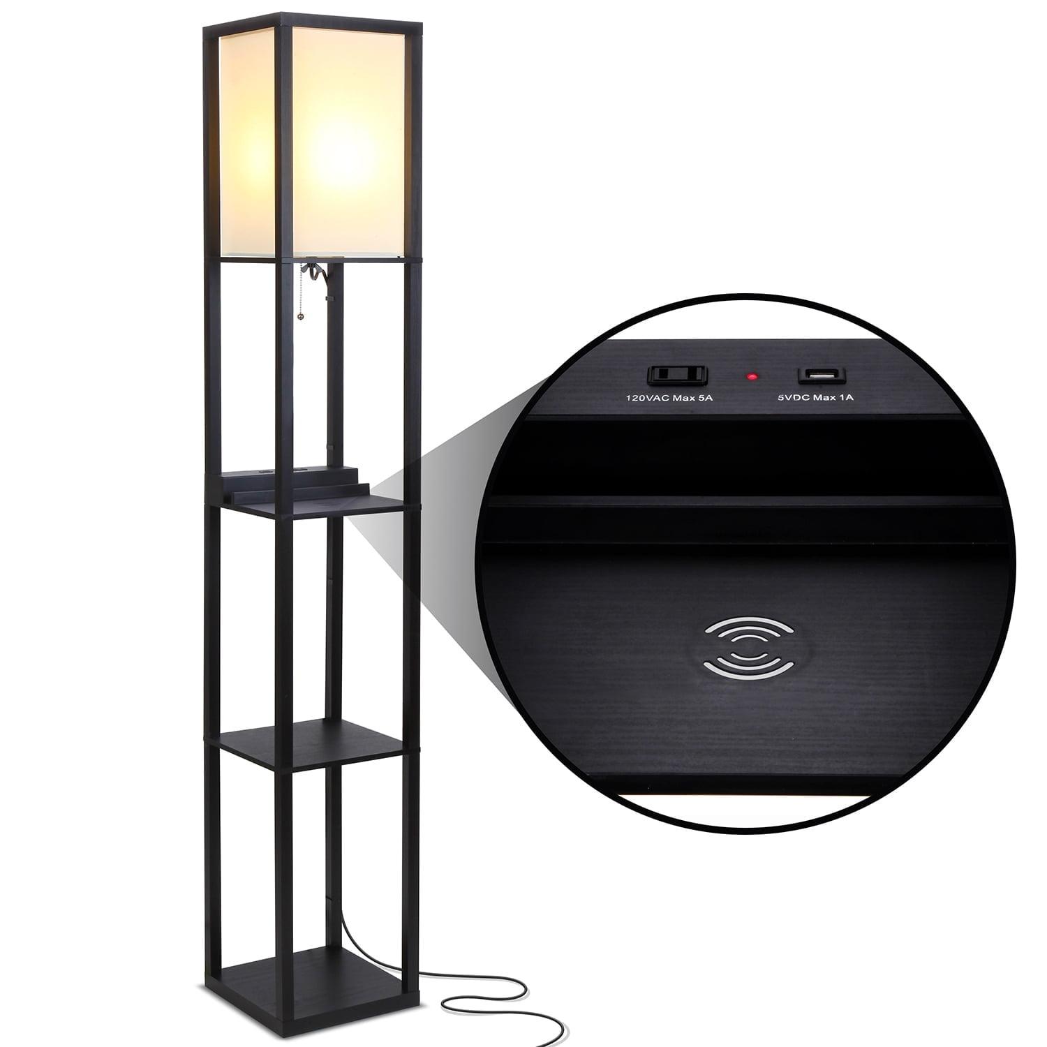 Brightech Maxwell 63 in. USB and Wireless Charging LED Floor Lamp with White Fabric Square Shade