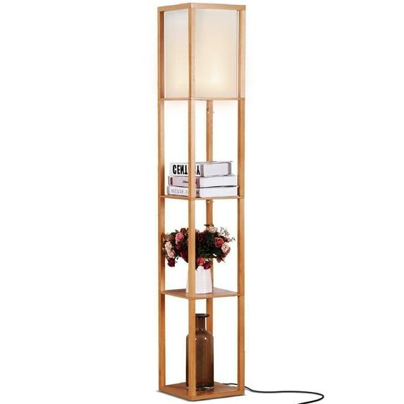 Brightech Maxwell 63" Modern LED Shelf Floor Lamp with Warm Brown Finish, 3 Tiers, and Fabric Square Shade, Bulb Included