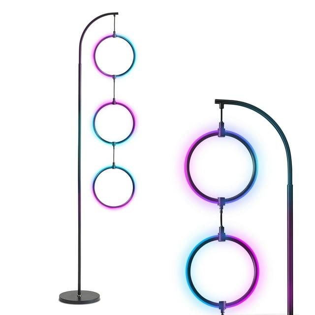 Brightech Nova 74 in. Novelty Industrial 3-Hanging Ring Light LED Standing Floor Lamp with Built-In Color Options