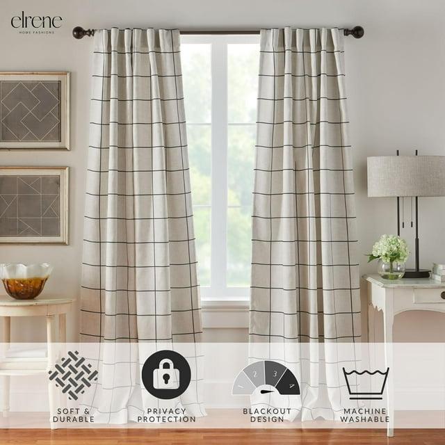 Brighton Windowpane Plaid Lined Room Darkening Single Window Curtain Panel - 52" x 95" - Black - Elrene Home Fashions