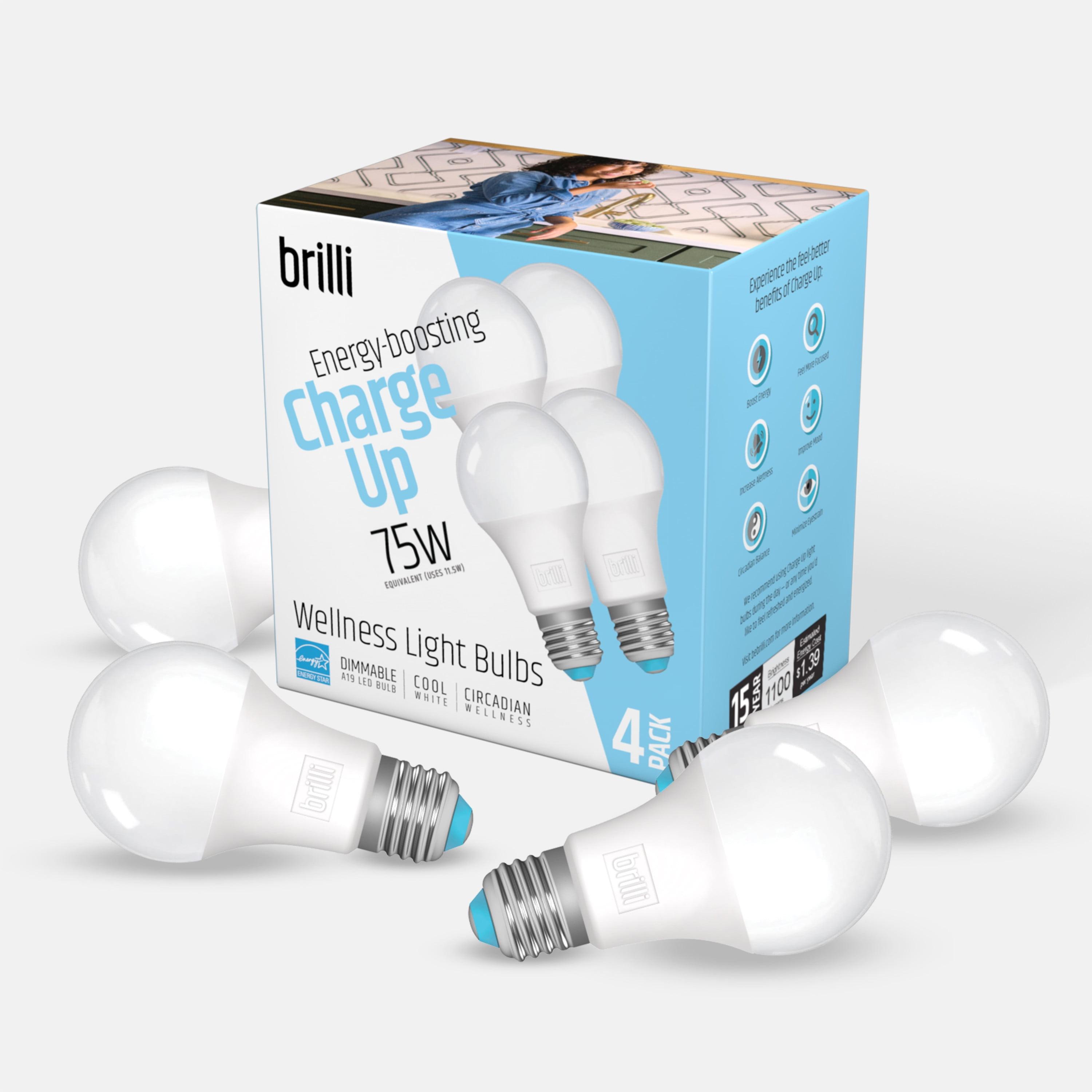 Brilli Charge Up LED Circadian Wellness Light Bulb, 11.5 Watts (75W Equivalent) A19 E26 Base, Dimmable, Cool White, 4-Pack