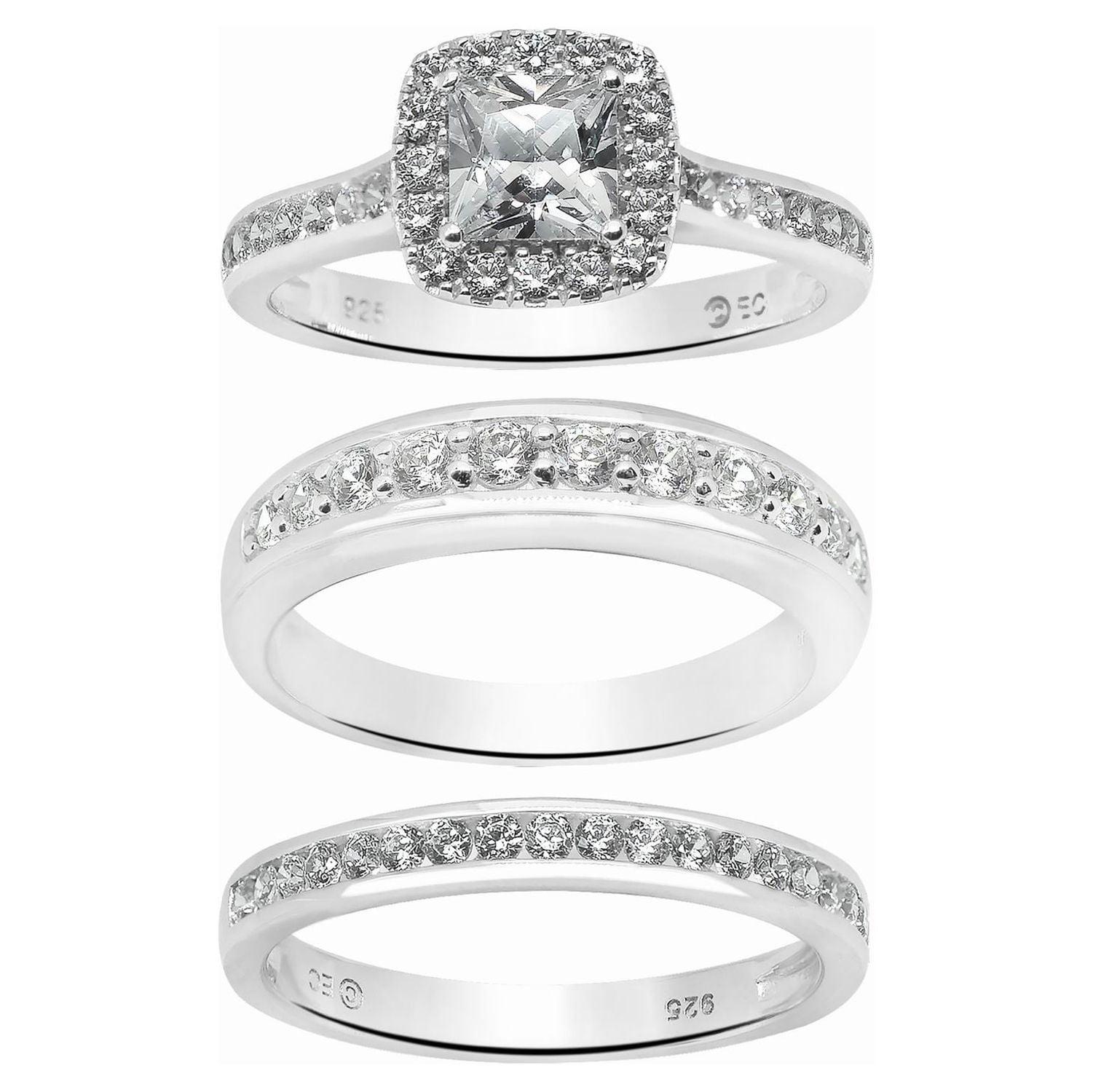 Brilliance Fine Jewelry Cushion Cut Simulated Diamond Engagement Ring Trio Set in Sterling Silver