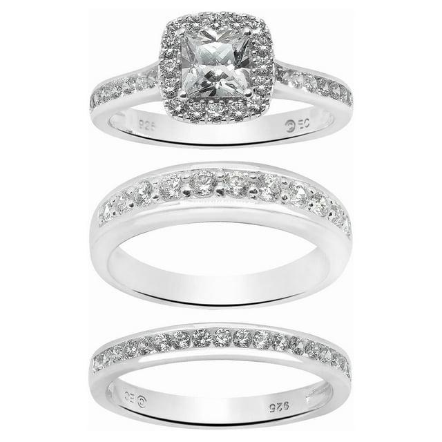 Brilliance Fine Jewelry Cushion Cut Simulated Diamond Engagement Ring Trio Set in Sterling Silver