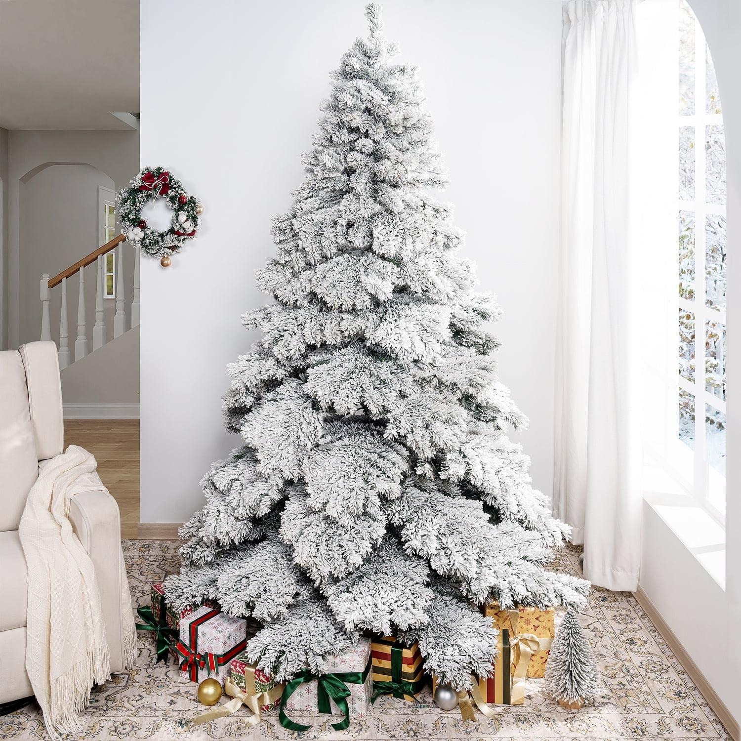 Brittany 7.5ft Snow Flocked Christmas Tree Prelit with 1324 Branch Tips, 650 Warm Lights and Metal Stand, 57" wide Realistic Nevada Frosted Christmas Tree with Lights by Naomi Home