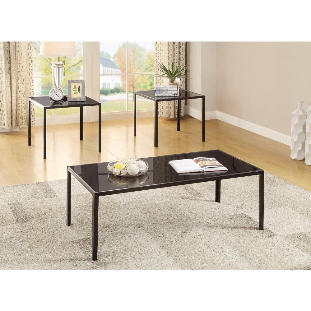 Modern Black Rectangular Coffee and End Table Set with Glass Tops