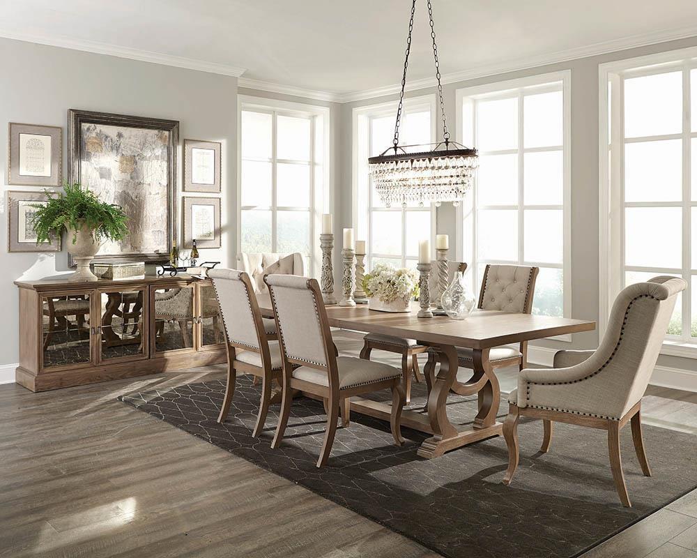 Barley Brown Rectangular Trestle Dining Set with Cream Upholstered Chairs