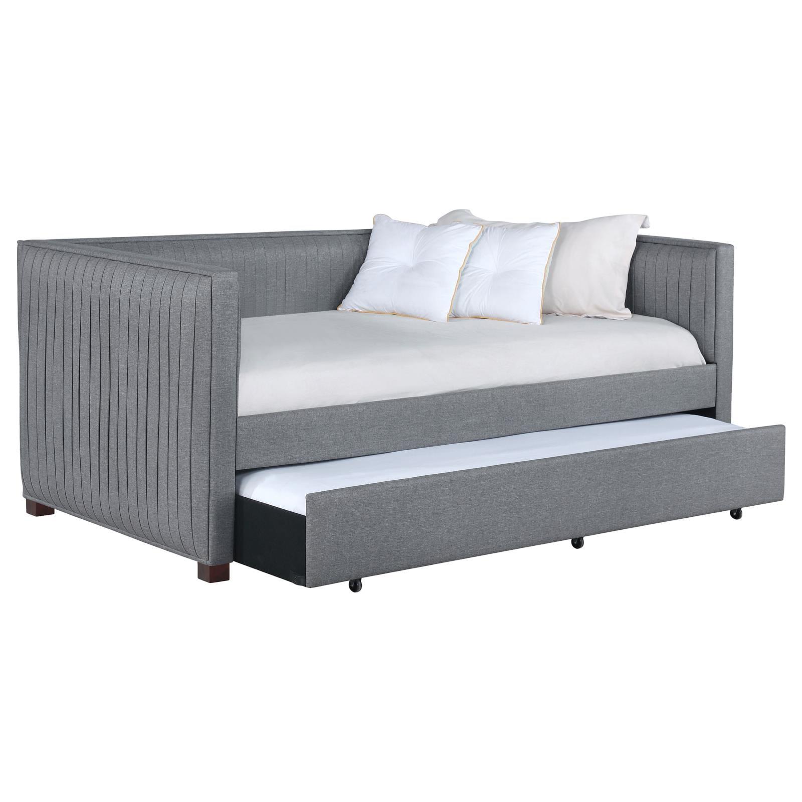 Gray Upholstered Twin Daybed with Trundle and Drawer