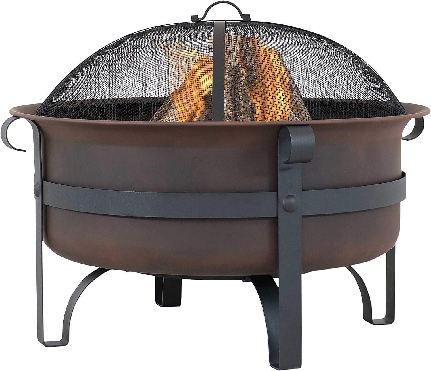 Sunnydaze Outdoor Camping or Backyard Large Round Cauldron Fire Pit Bowl with Log Poker and Spark Screen - 29"