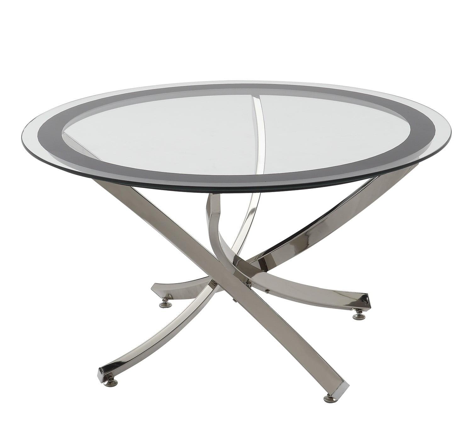 Transitional 35.5'' Round Silver Metal and Black Glass Coffee Table