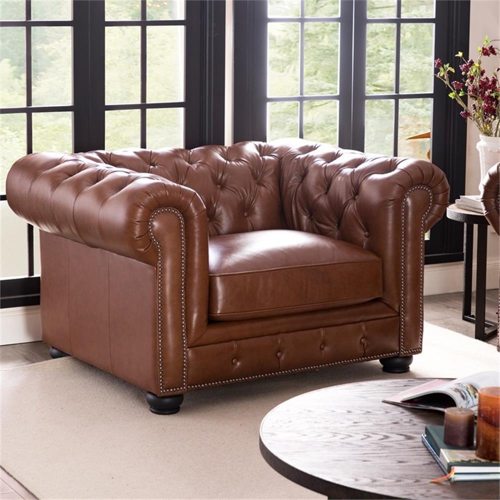 Warm Brown Leather Chesterfield Accent Chair with Manufactured Wood Frame