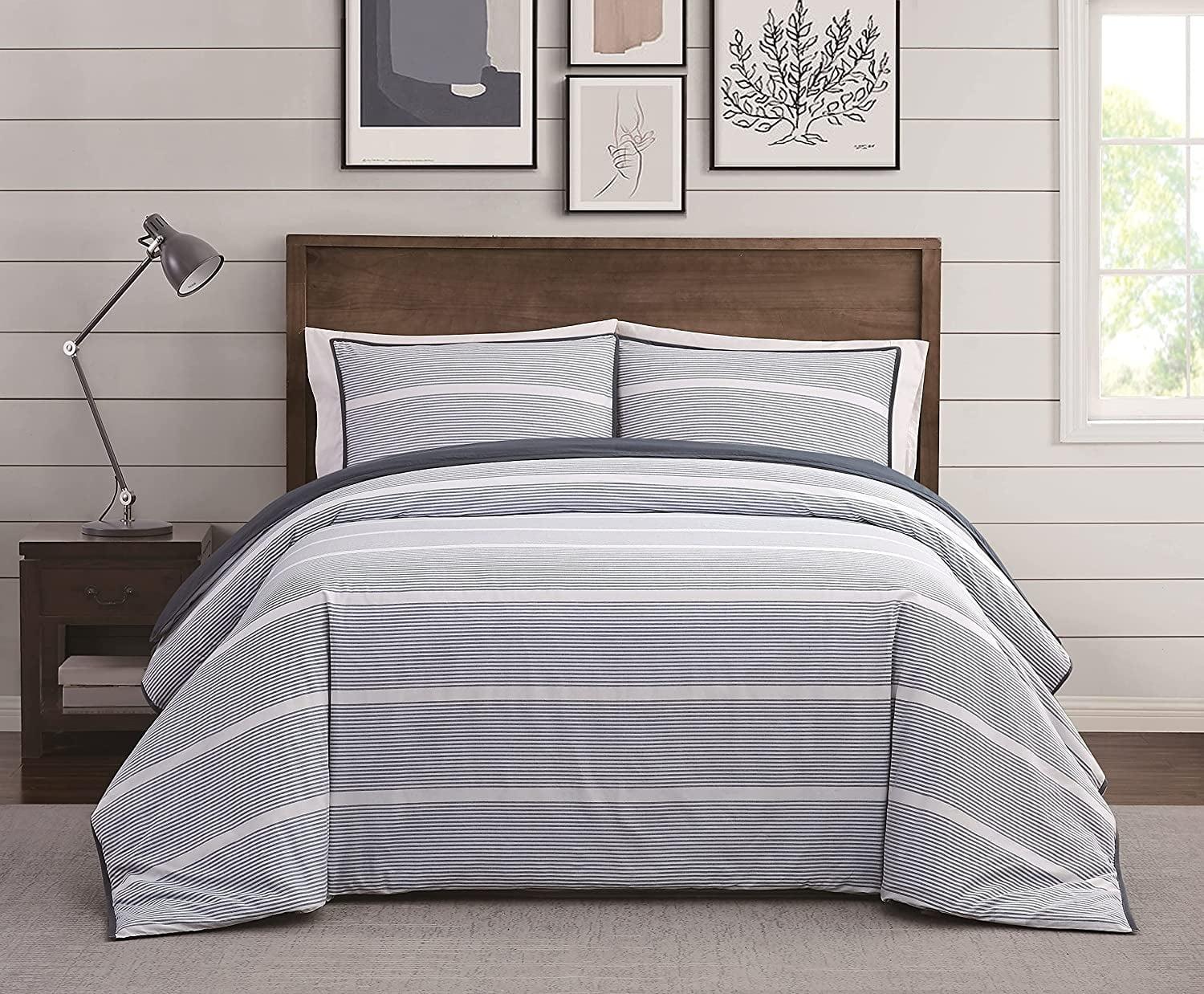 Brooklyn Loom - 3-Piece Full/Queen Comforter and Sham Set - Niari Yarn Dye Stripe Cotton Collection - Blue CS4175BLFQ-1500 Full/Queen Blue Comforter Set