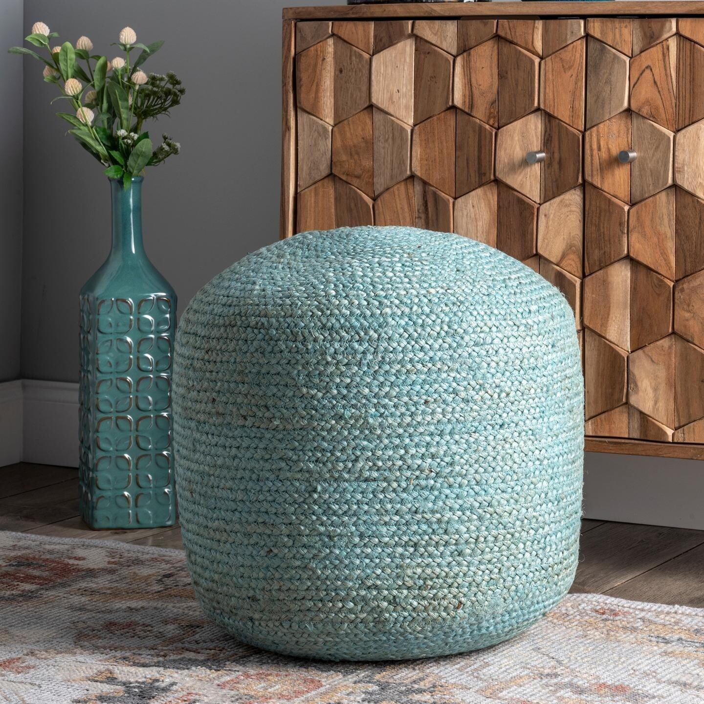 Green 18" Round Jute Pouf Ottoman