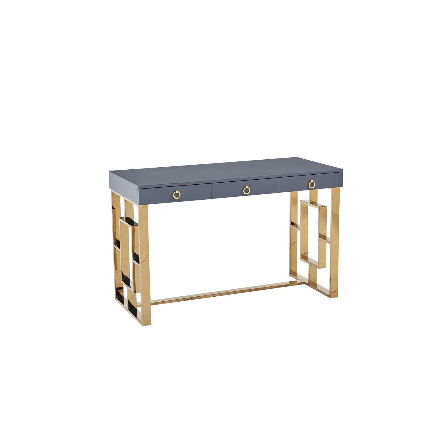 Gray and Gold Wood Writing Desk with Drawers