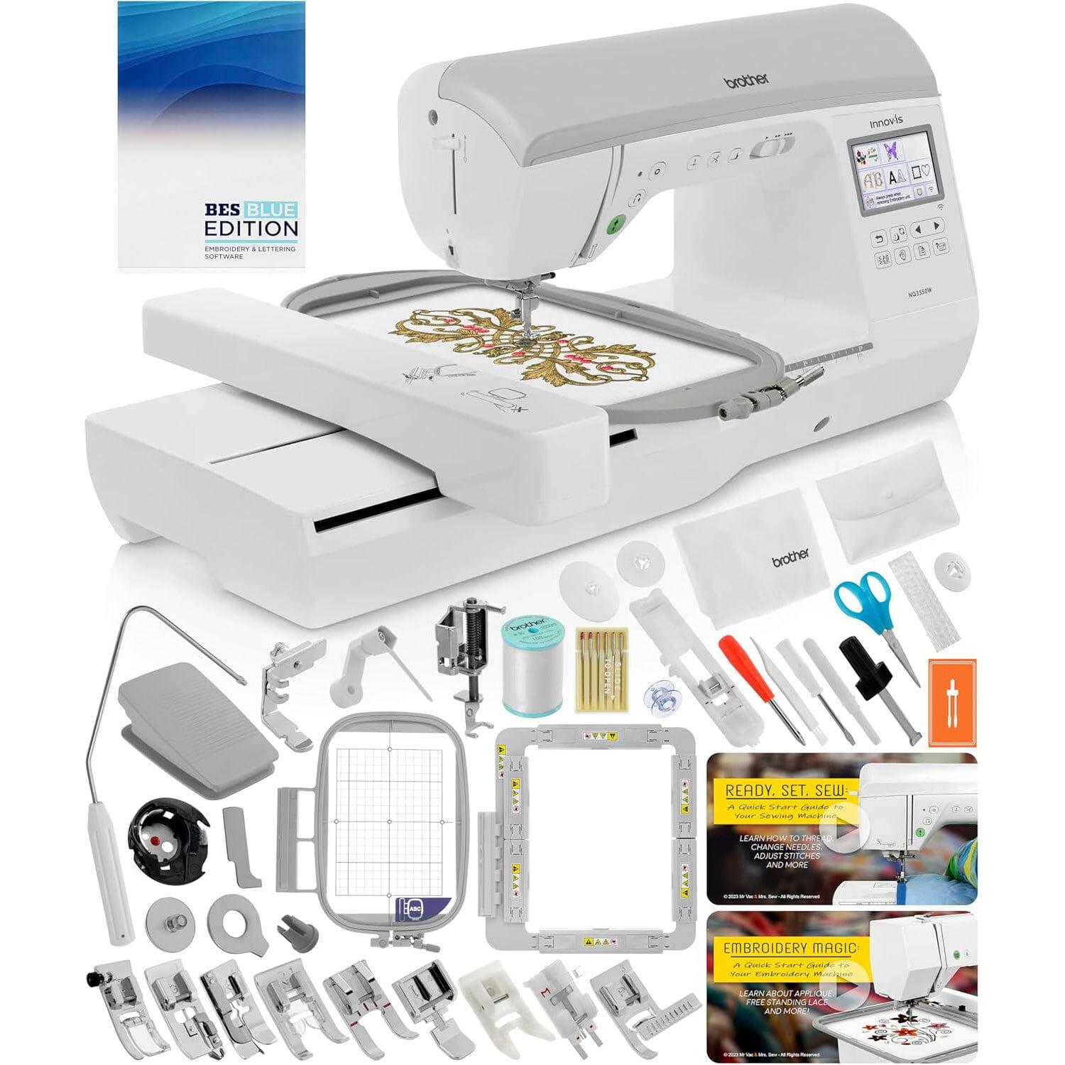 Brother NQ3550W Sewing & Embroidery Machine, 6" x 10" Field Size, 291 Stitches, Includes BES Lettering Software + Brother Magnetic SAMF180 Hoop + Mr. Vac & Mrs. Sew - Embroidery + Sewing Videos