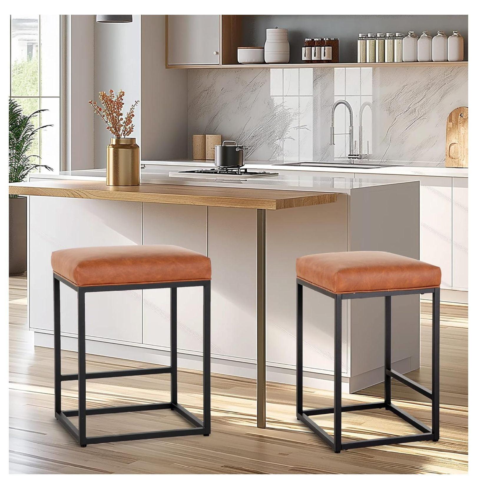 Brown Leather Backless Counter Height Bar Stools with Black Metal Frame, Set of 2