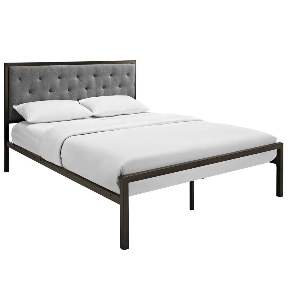 Elegant Gray Upholstered Queen Platform Bed with Tufted Headboard