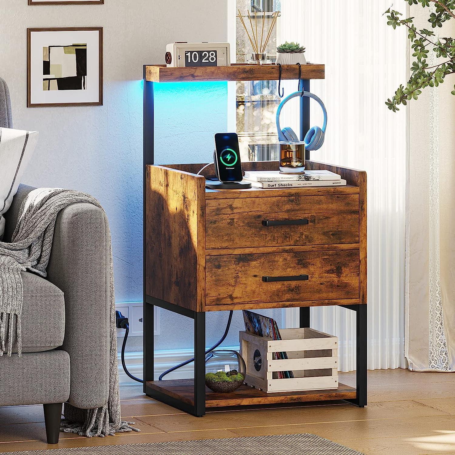Brown LED Night Stand with Charging Station, Modern Bedside Table for Bedroom