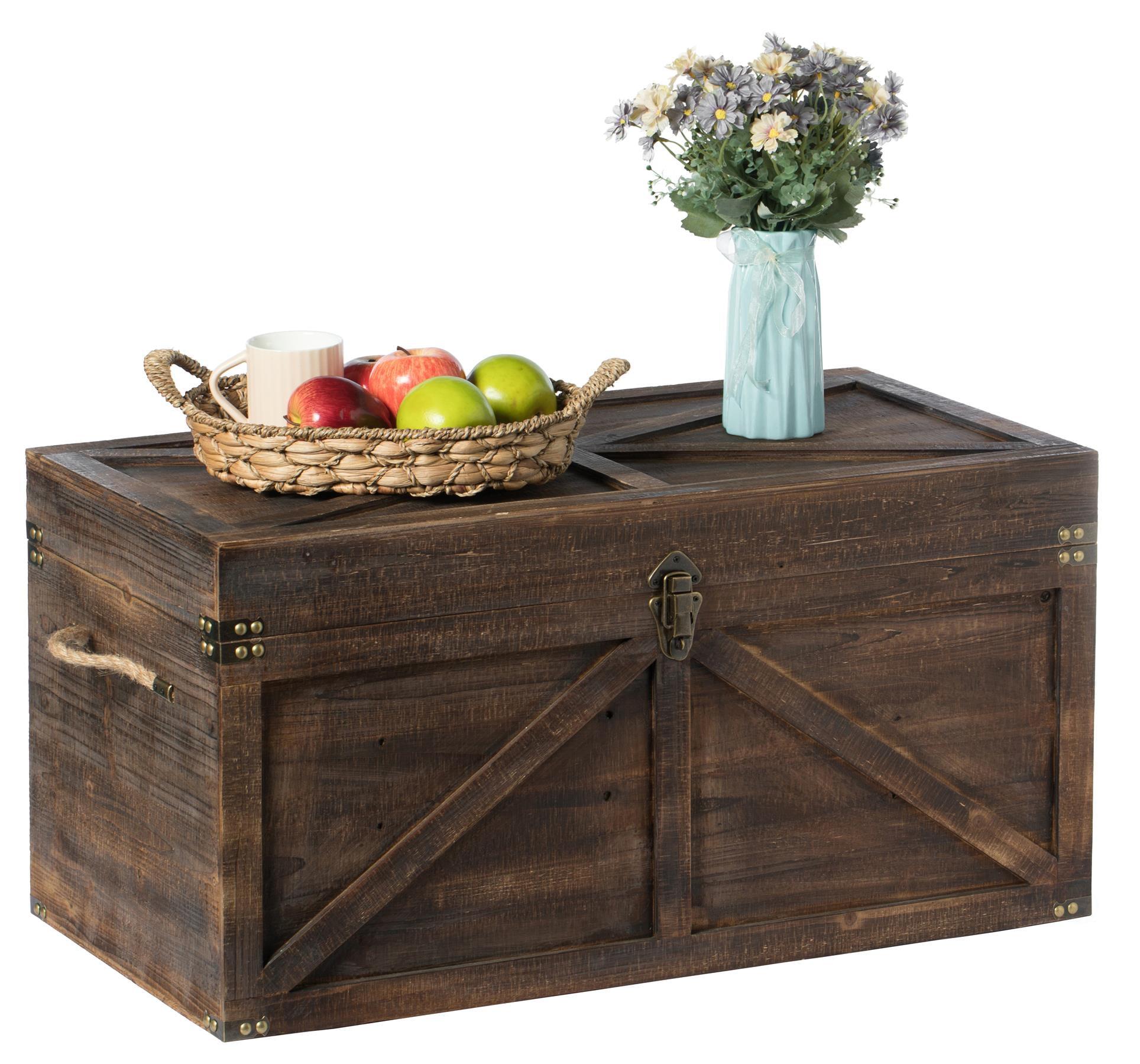 Vintiquewise Vintiquewise Brown Large Wooden Lockable Trunk Farmhouse Style Rustic Design Lined Storage Chest with Rope Handles