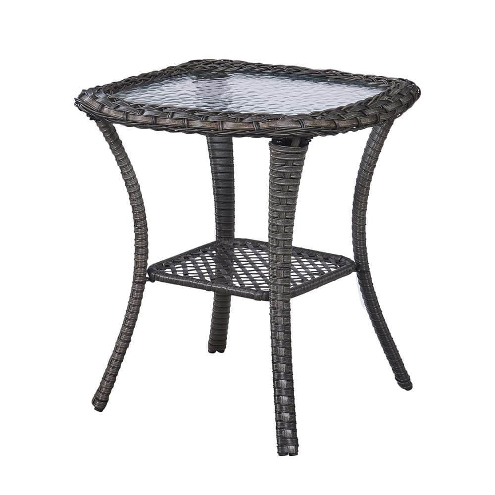 Brown Square Wicker Outdoor Glass Side Table with Storage