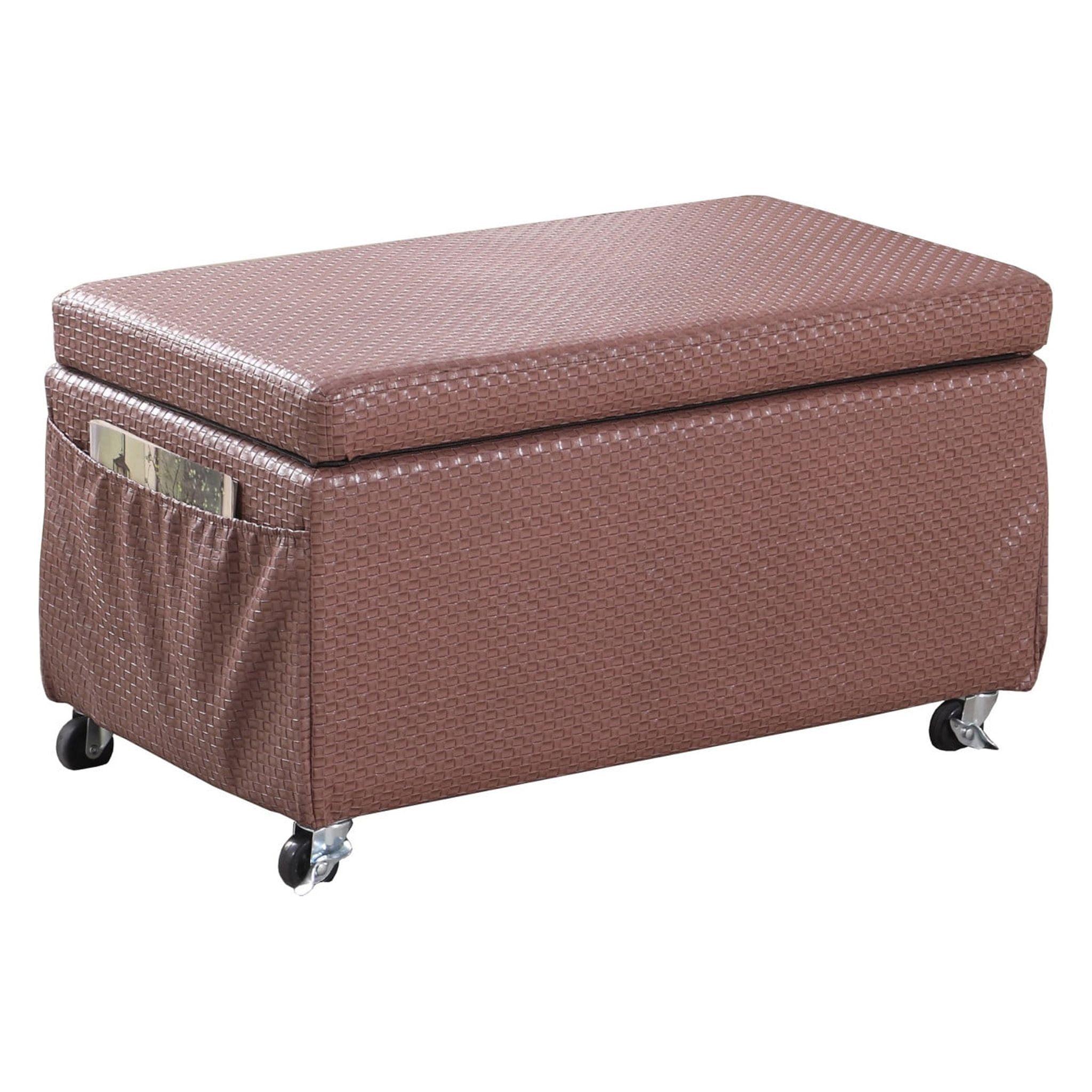 Brown Weave Faux Leather Rolling Storage Ottoman with Pockets
