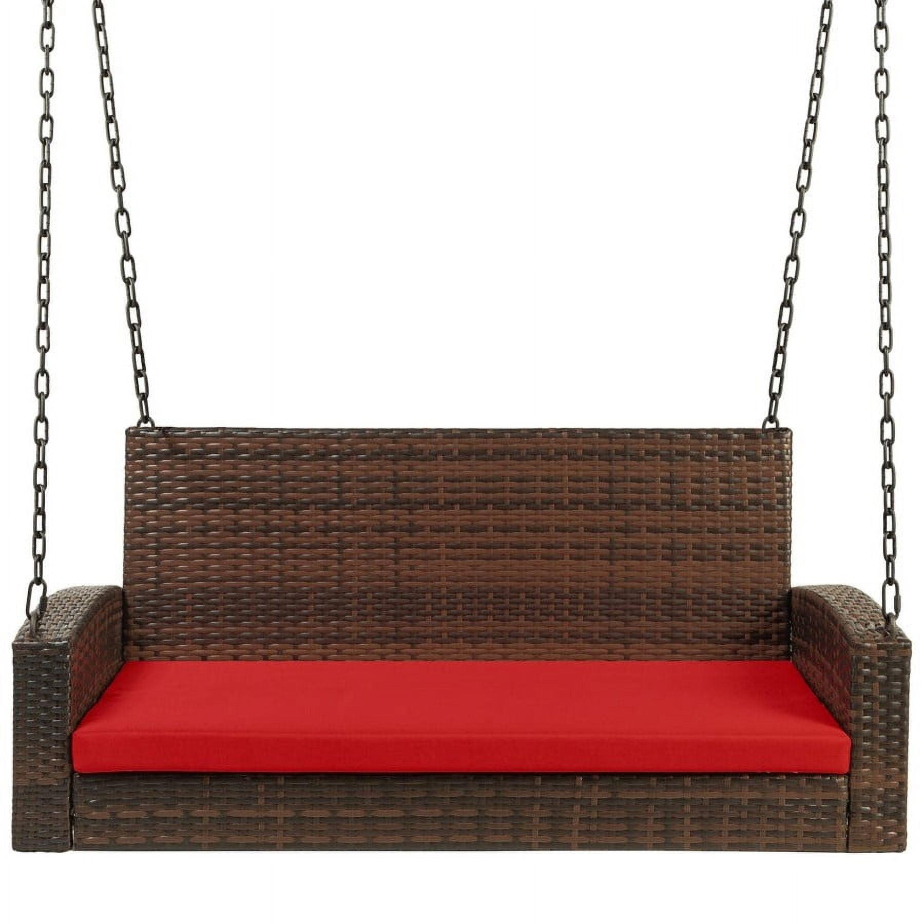 Best Choice Products Woven Wicker Hanging Porch Swing Bench for Patio, Deck w/ Mounting Chains, Seat Cushion - Brown/Red