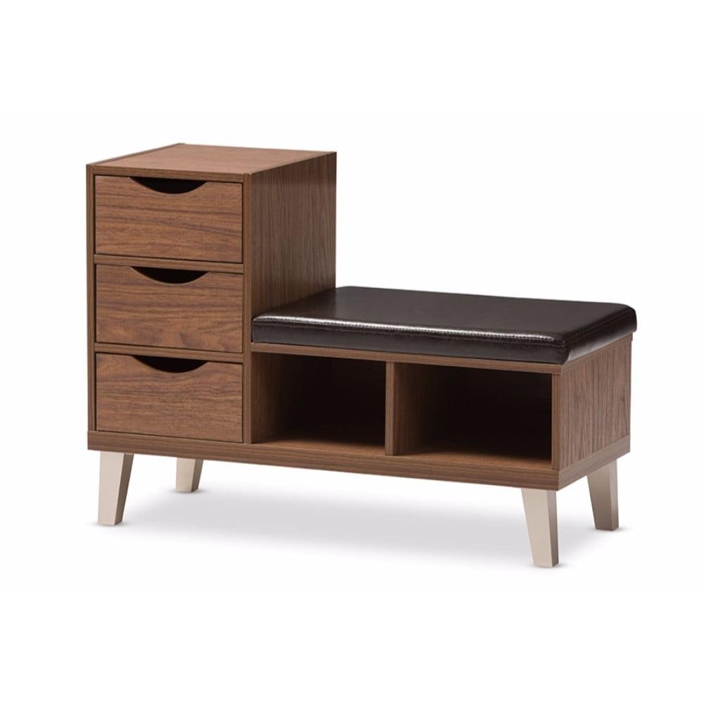 Walnut Brown Shoe Storage Bench with Faux Leather Seat