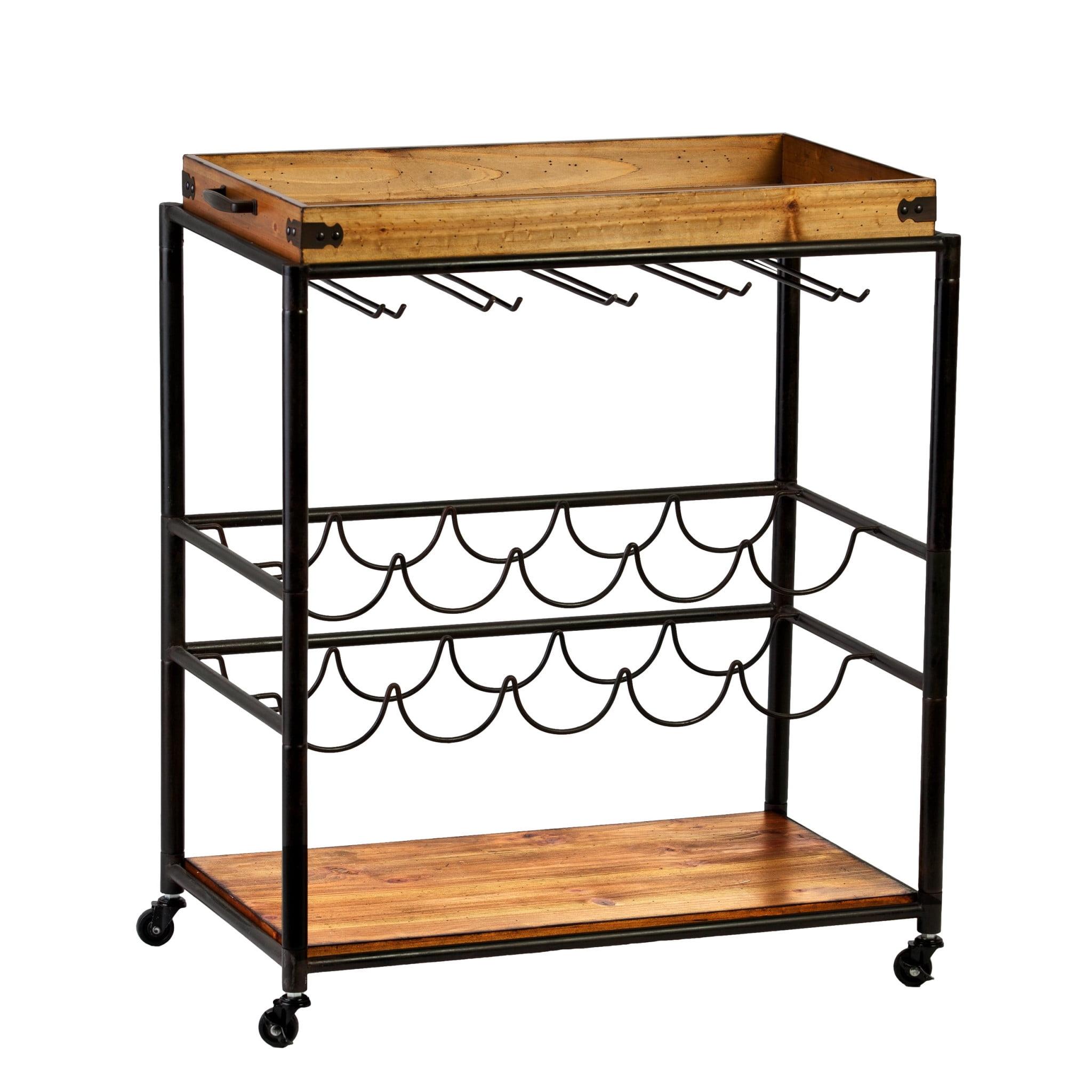 Mayson Traditional Black and Natural Wood Bar Cart with Wine Storage