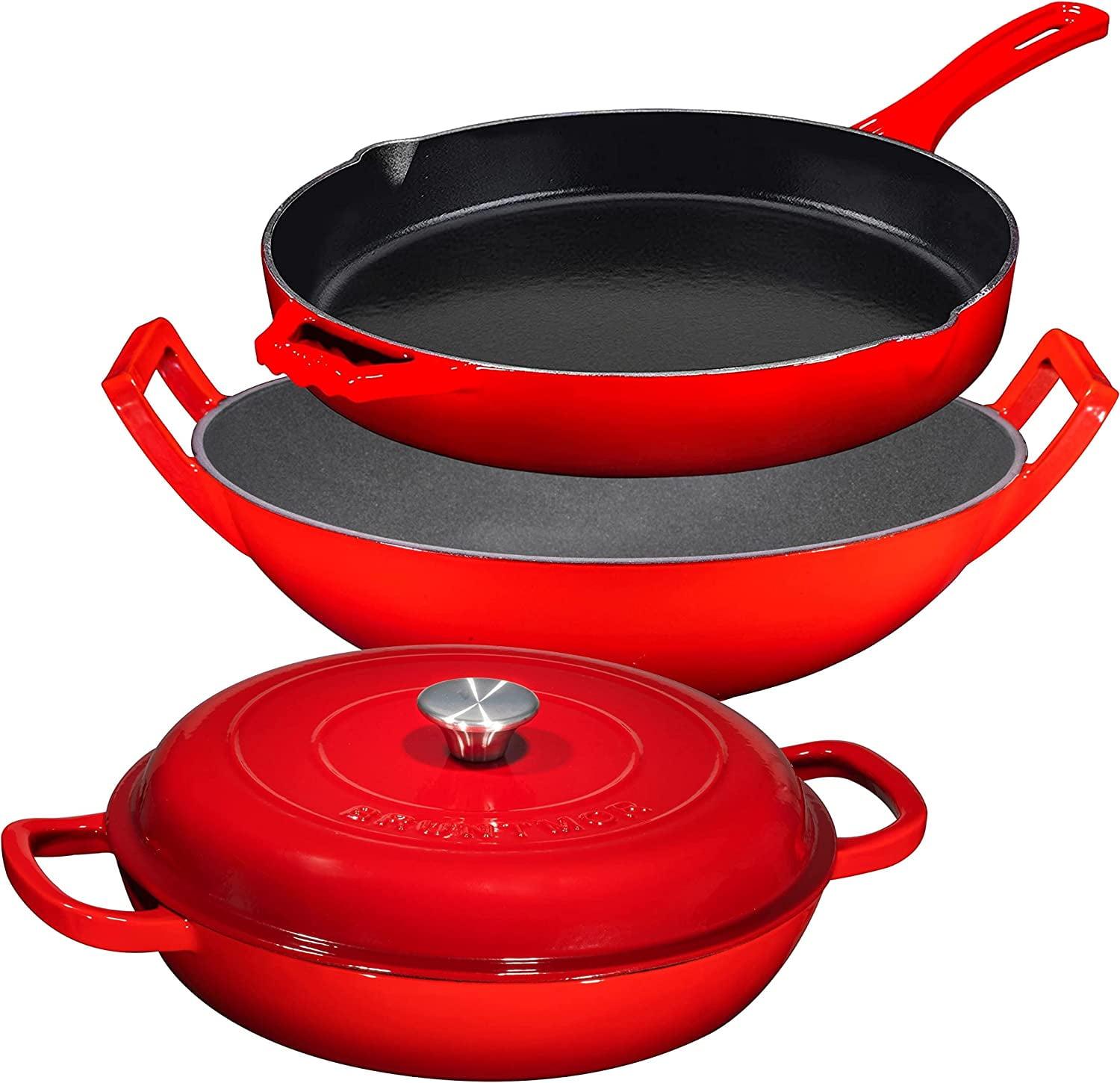 Red Enameled Cast Iron 3-Piece Non-Stick Cookware Set