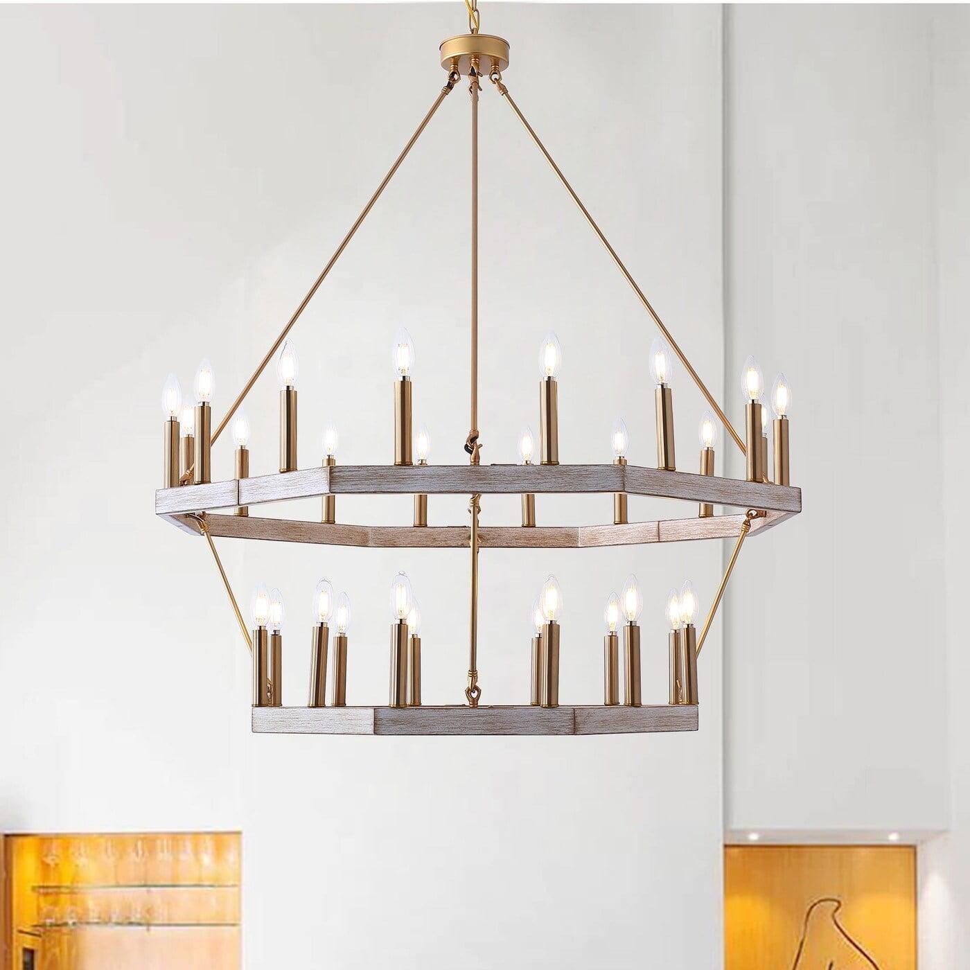 Brushed Gold 28-Light 2-Tier Wagon Wheel Candle Chandelier