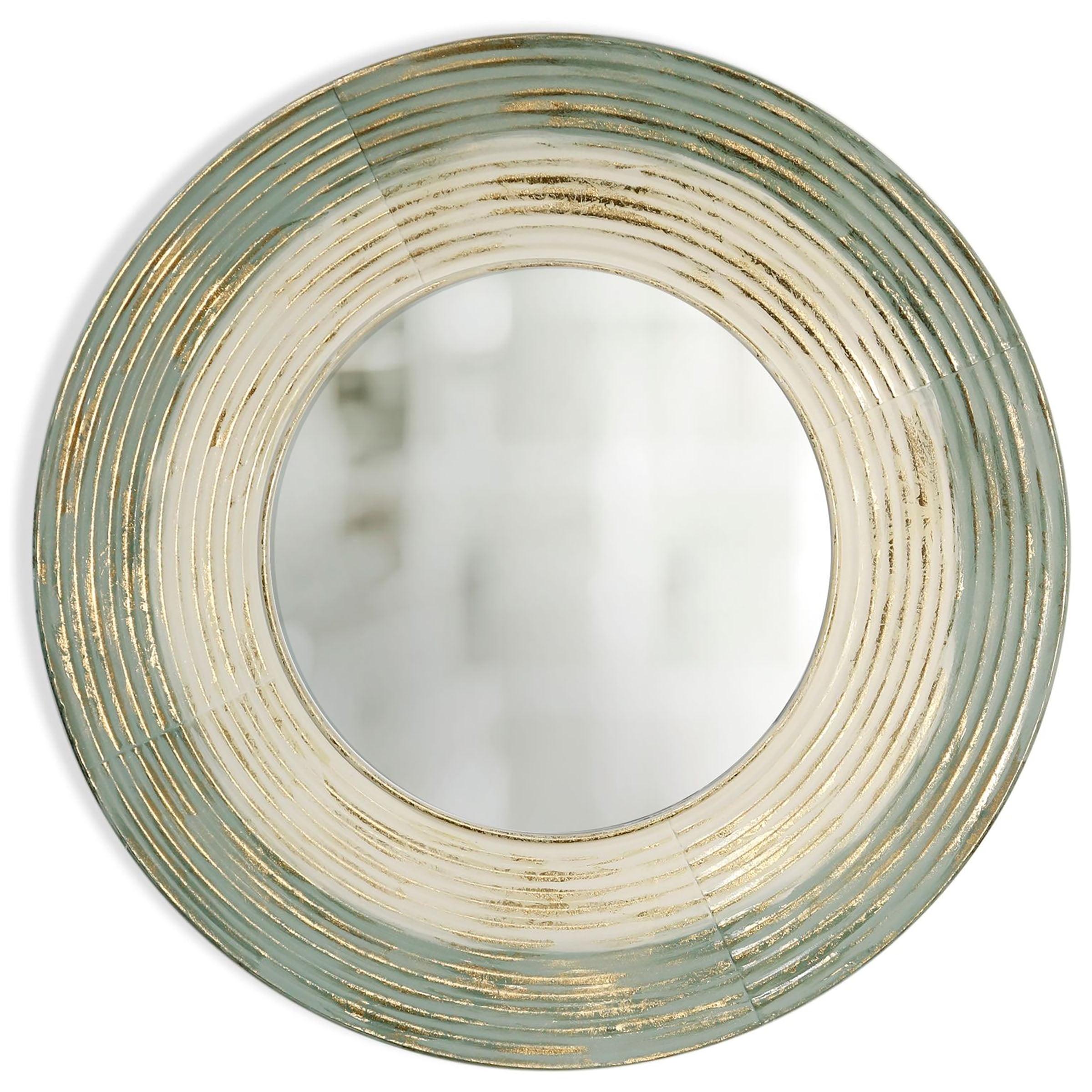 Round Brushed Gold and Blue Ribbed Metal Wall Mirror