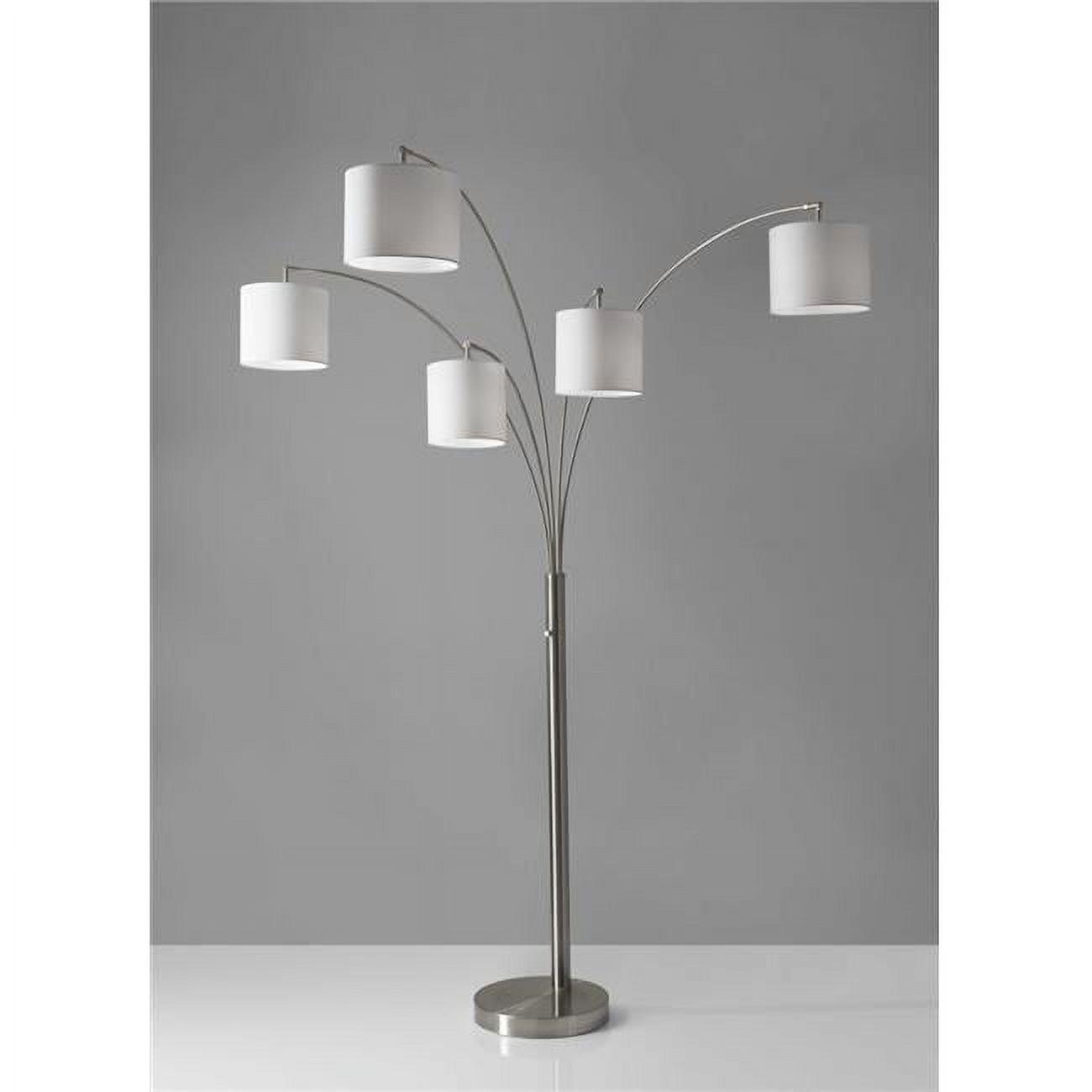 Five Light Floor Lamp Brushed Steel Arc Arms and Petite White Drum Shades