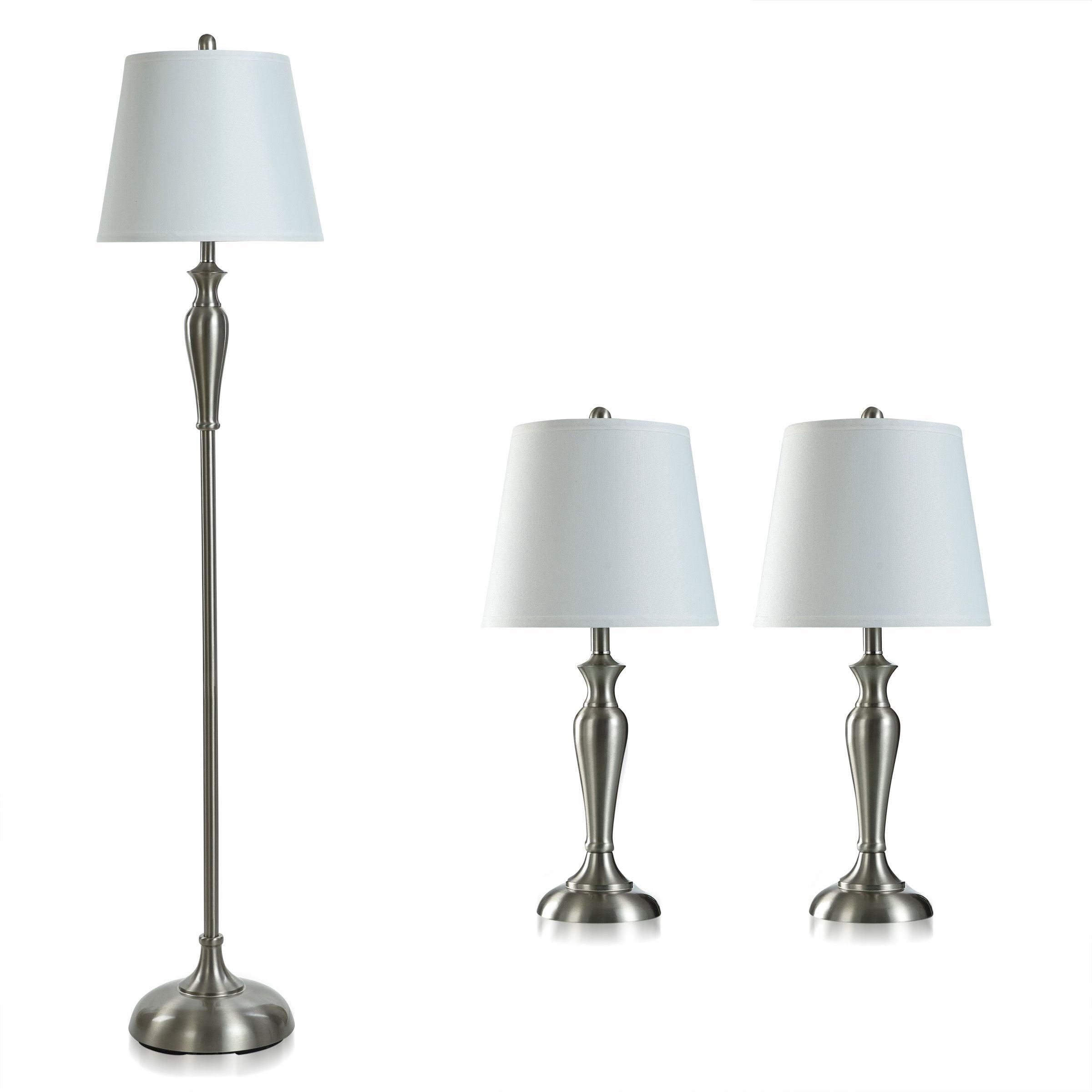 Elegant Trio Brushed Steel Lamp Set with White Hardback Shades