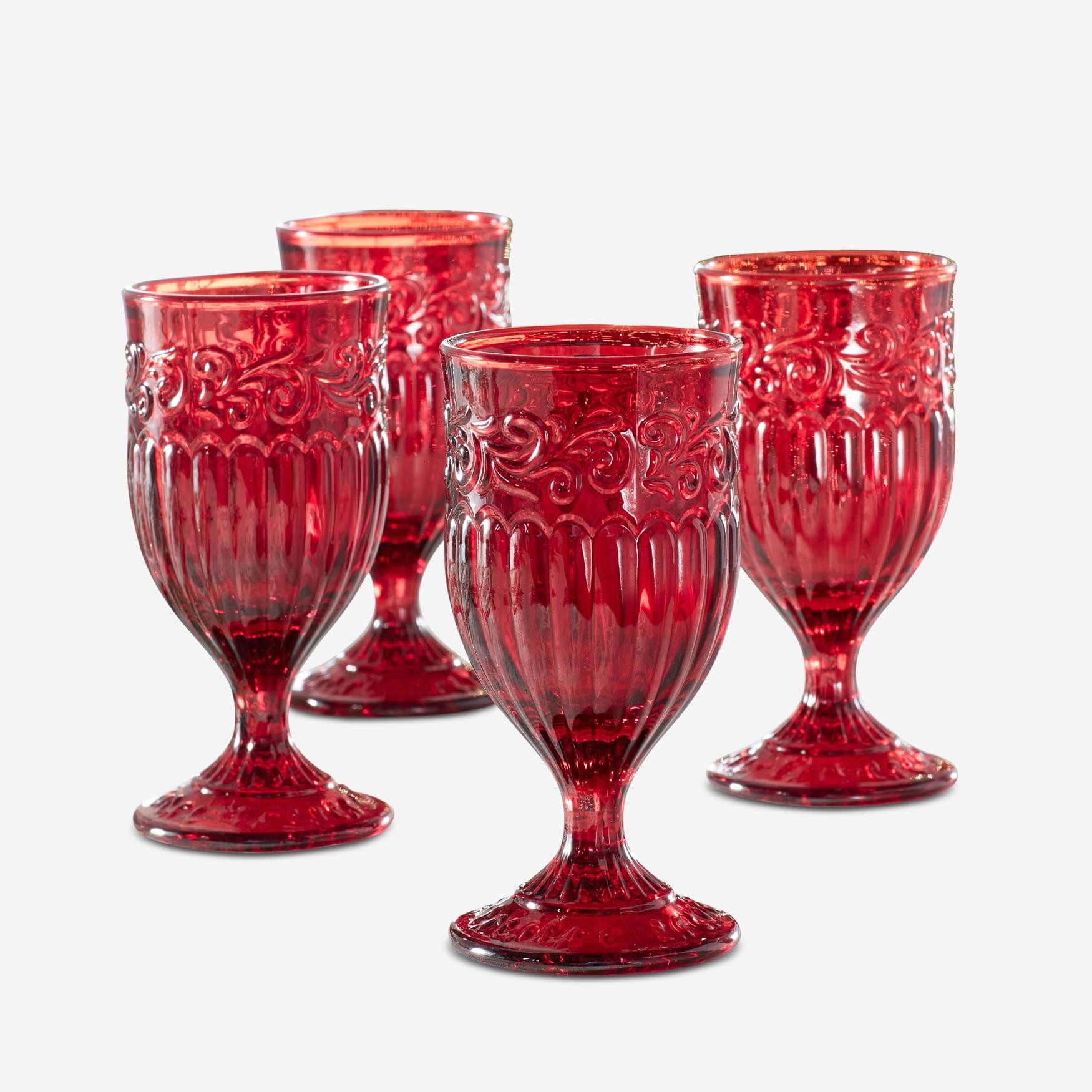 Vintage Red Embossed Glass Goblet Set of Four