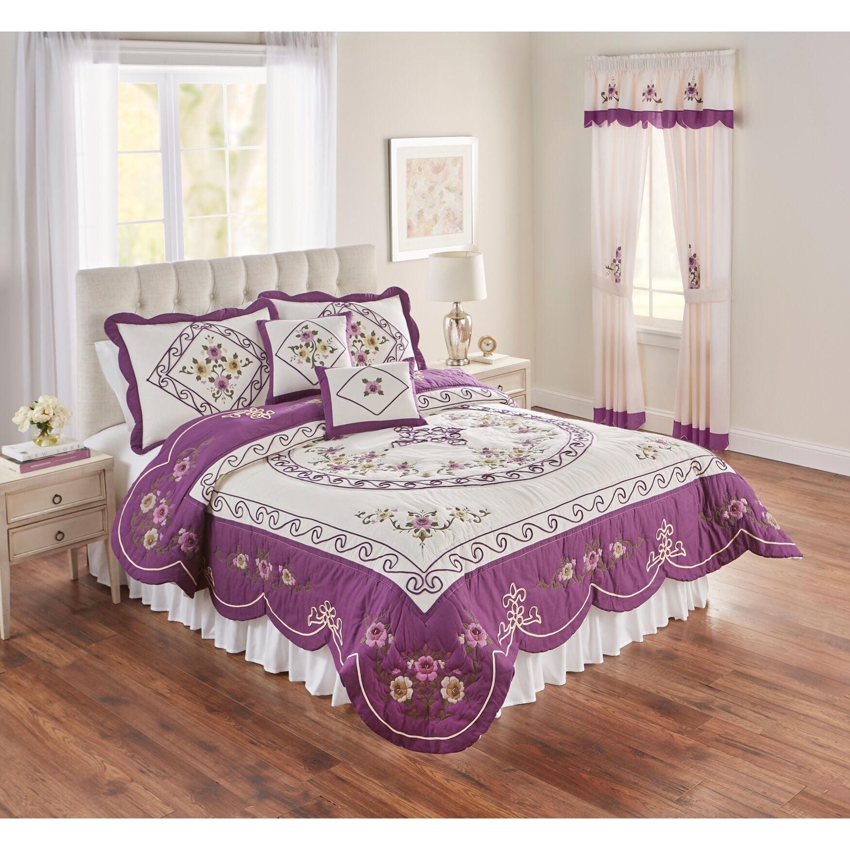 Plum Cotton Twin Quilt with Floral Embroidery