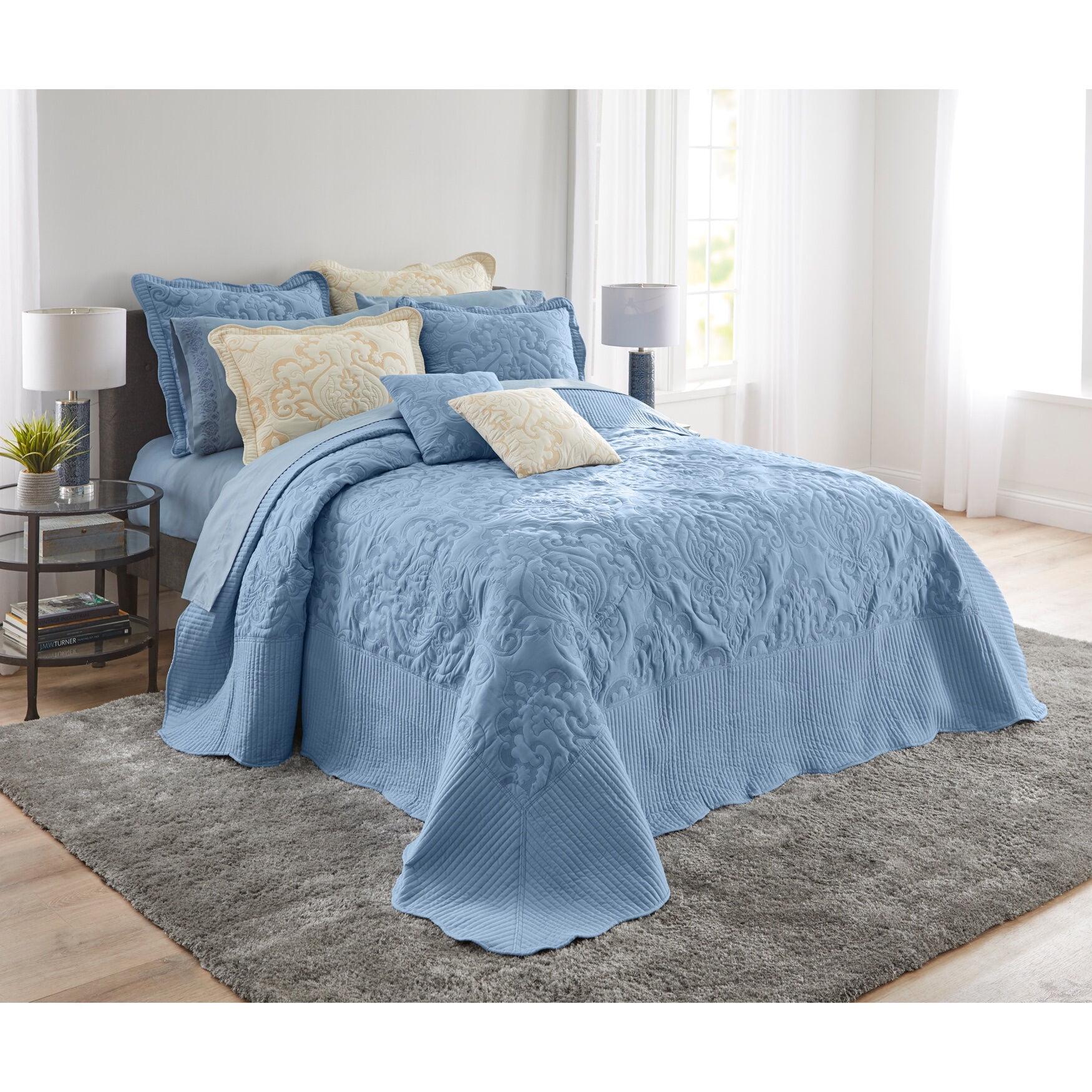 Ashley Blue Full Quilted Damask Polyester Bedspread