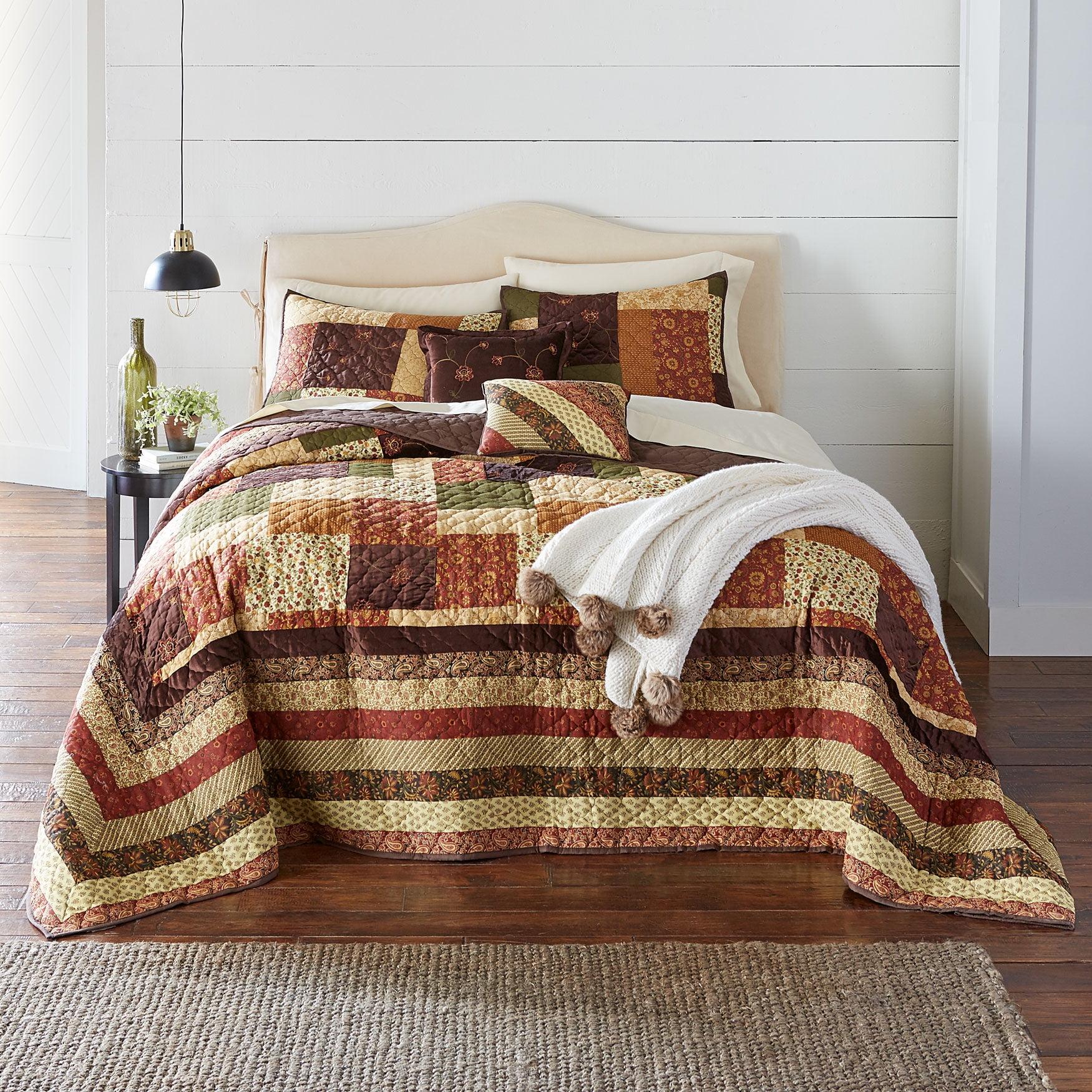 Full Brown Cotton Patchwork Bedspread with Floral Stripes