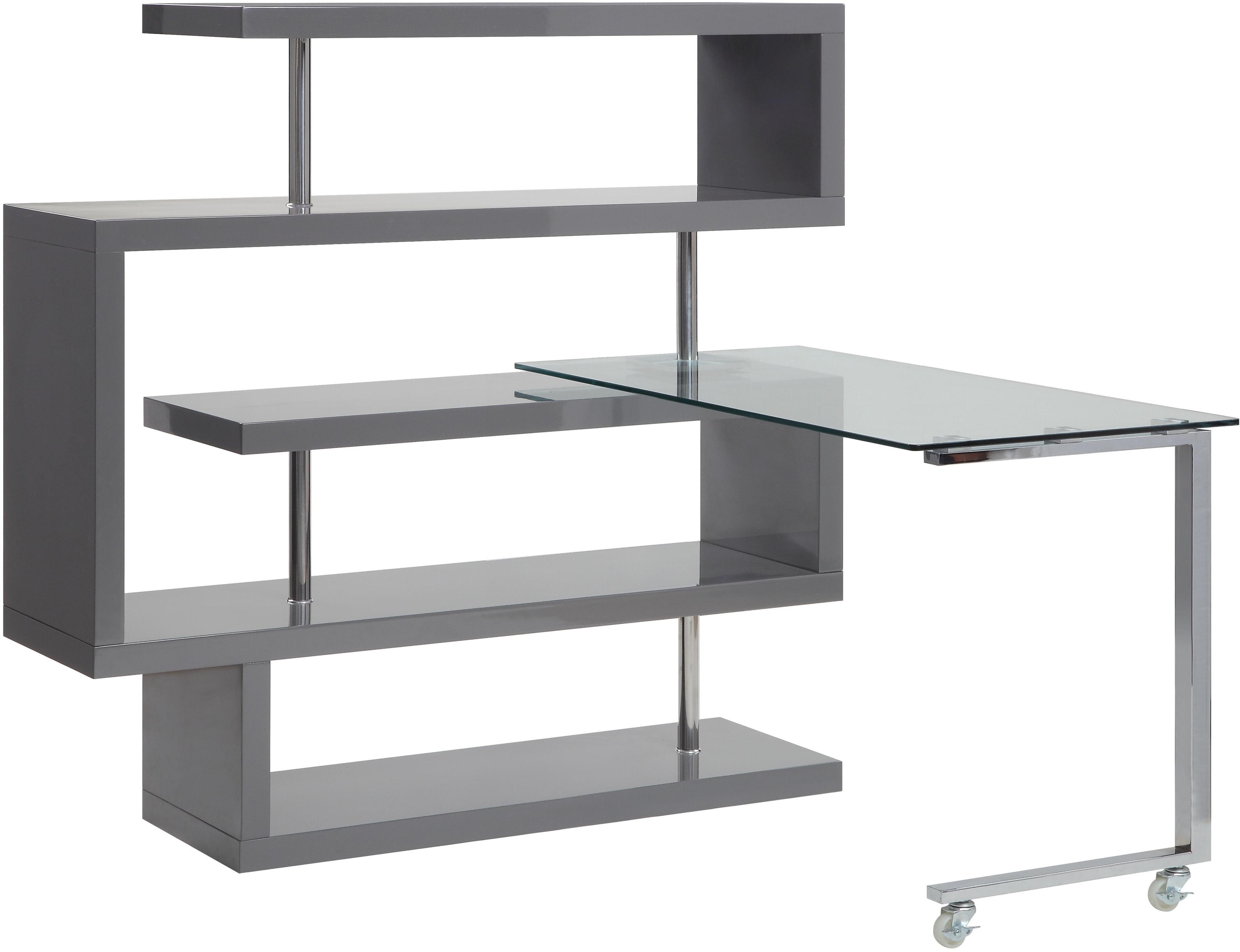 Gray Glass Writing Desk with Shelves and Chrome Frame