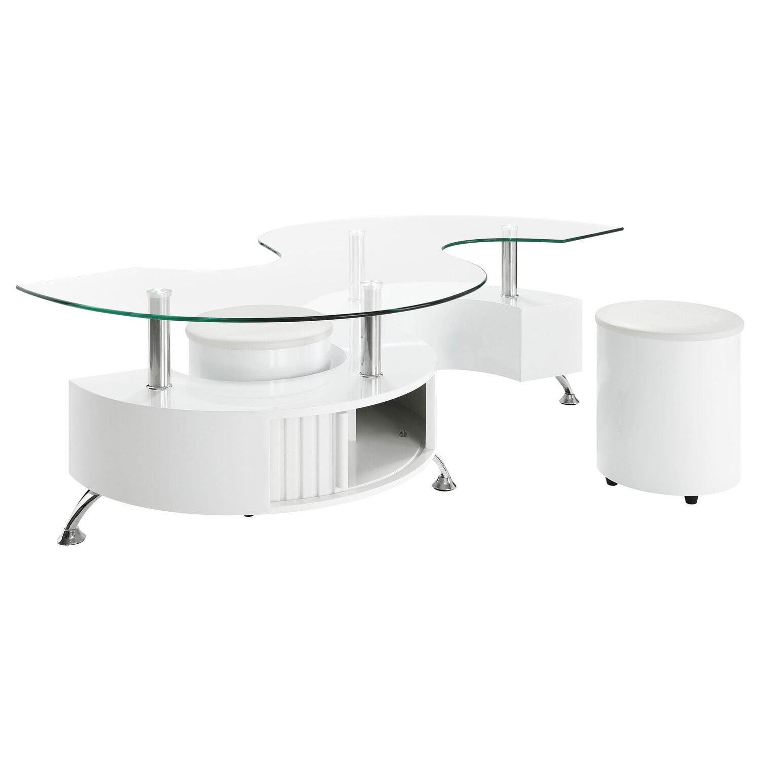 Coaster Buckley Wood Curved Glass Top Coffee Table With Stools in White