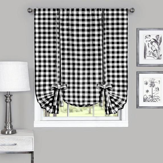 Achim Buffalo Check Window Curtain Tie Up Shade, 42" x 63", Black
