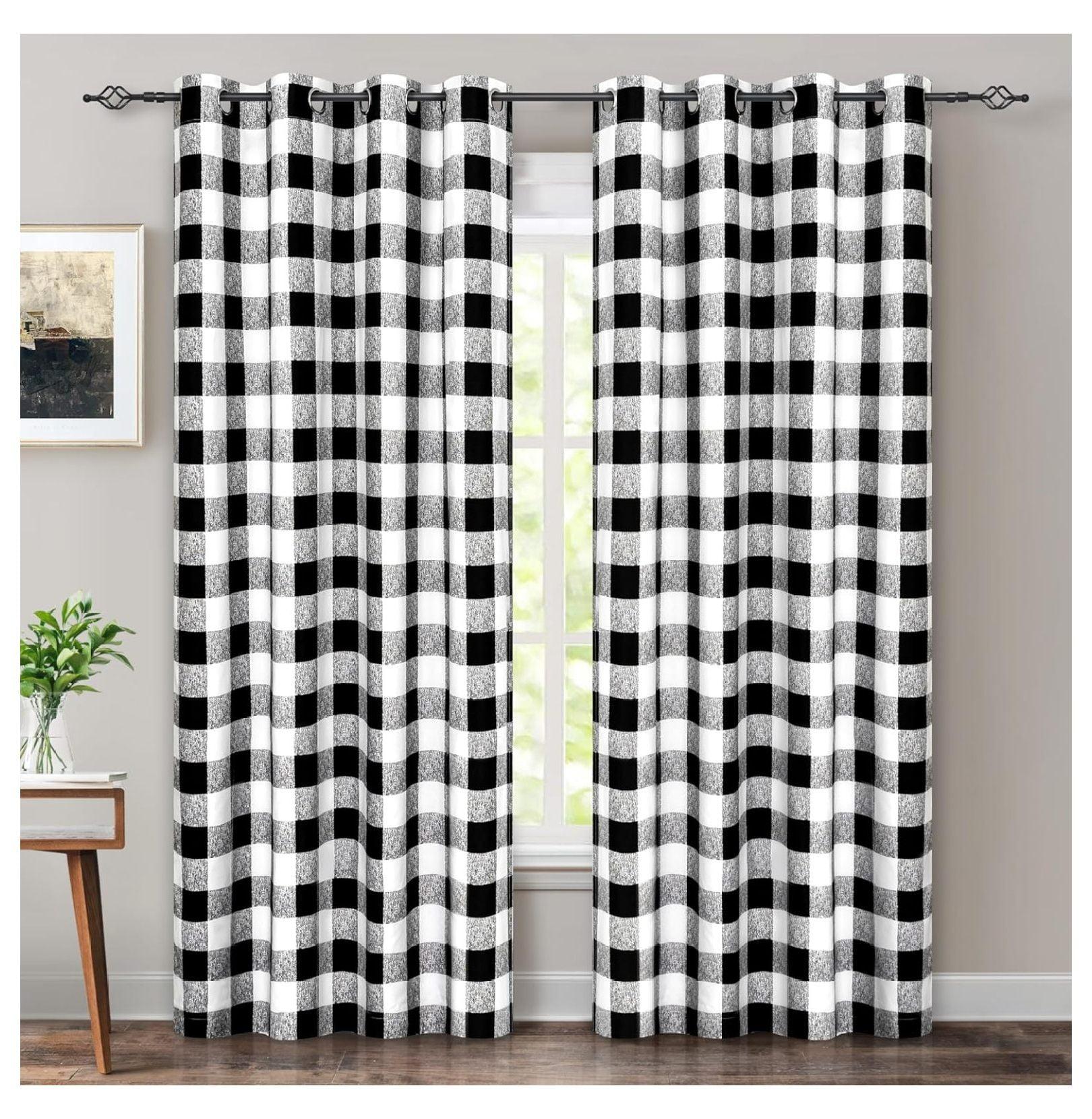 Black and White Checkered Blackout Grommet Curtains, 84" Long