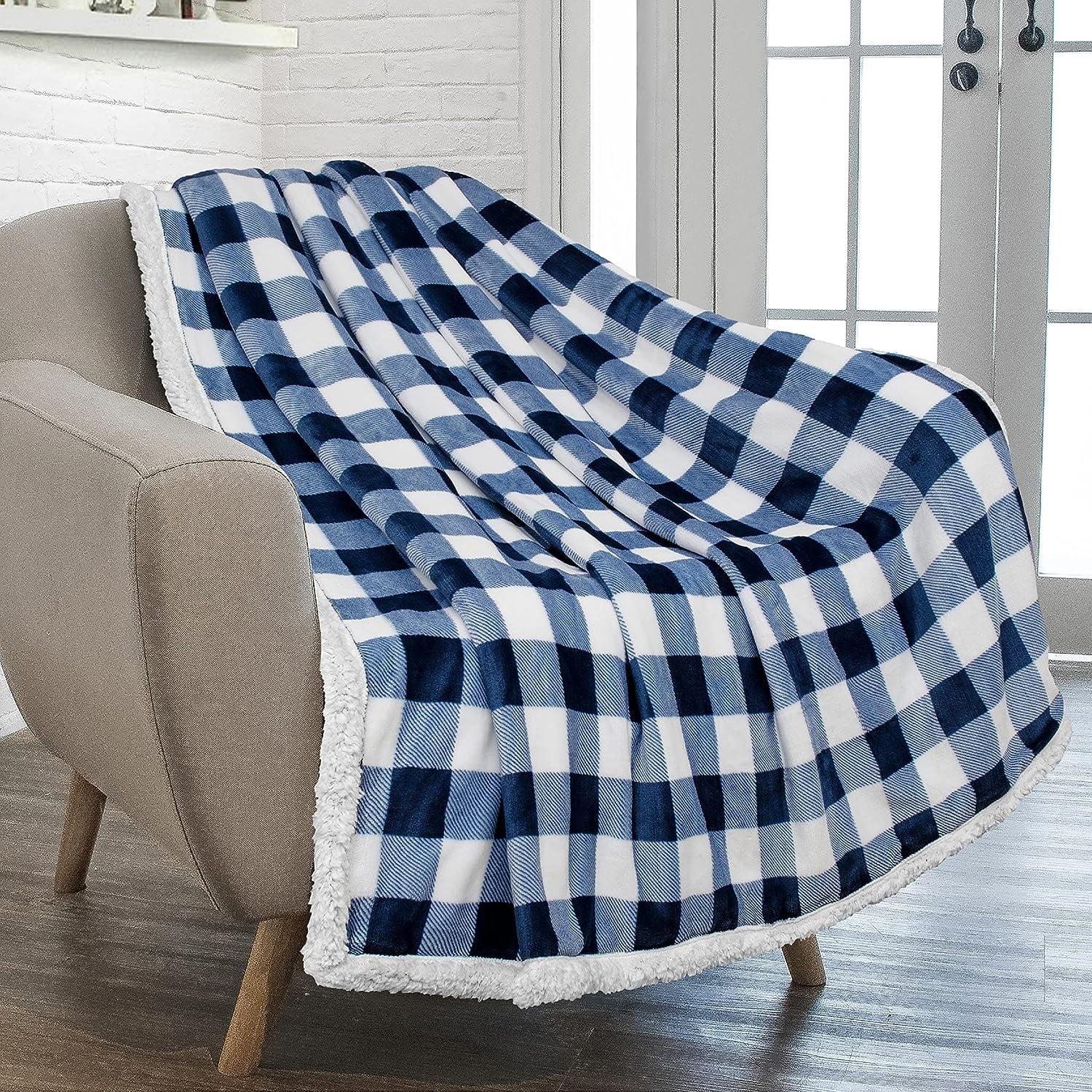 PAVILIA Buffalo Plaid Sherpa Blanket Throw | Fuzzy White Navy Blue Checkered Flannel Fleece Blanket for Couch Bed | Fluffy Warm Soft Plush Microfiber Blanket | 50x60