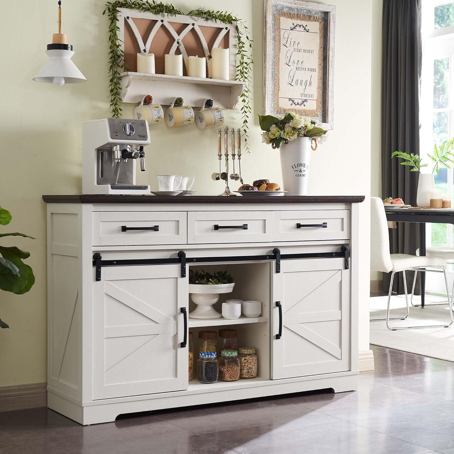 White 53” Rustic Farmhouse Buffet Cabinet with Sliding Barn Door