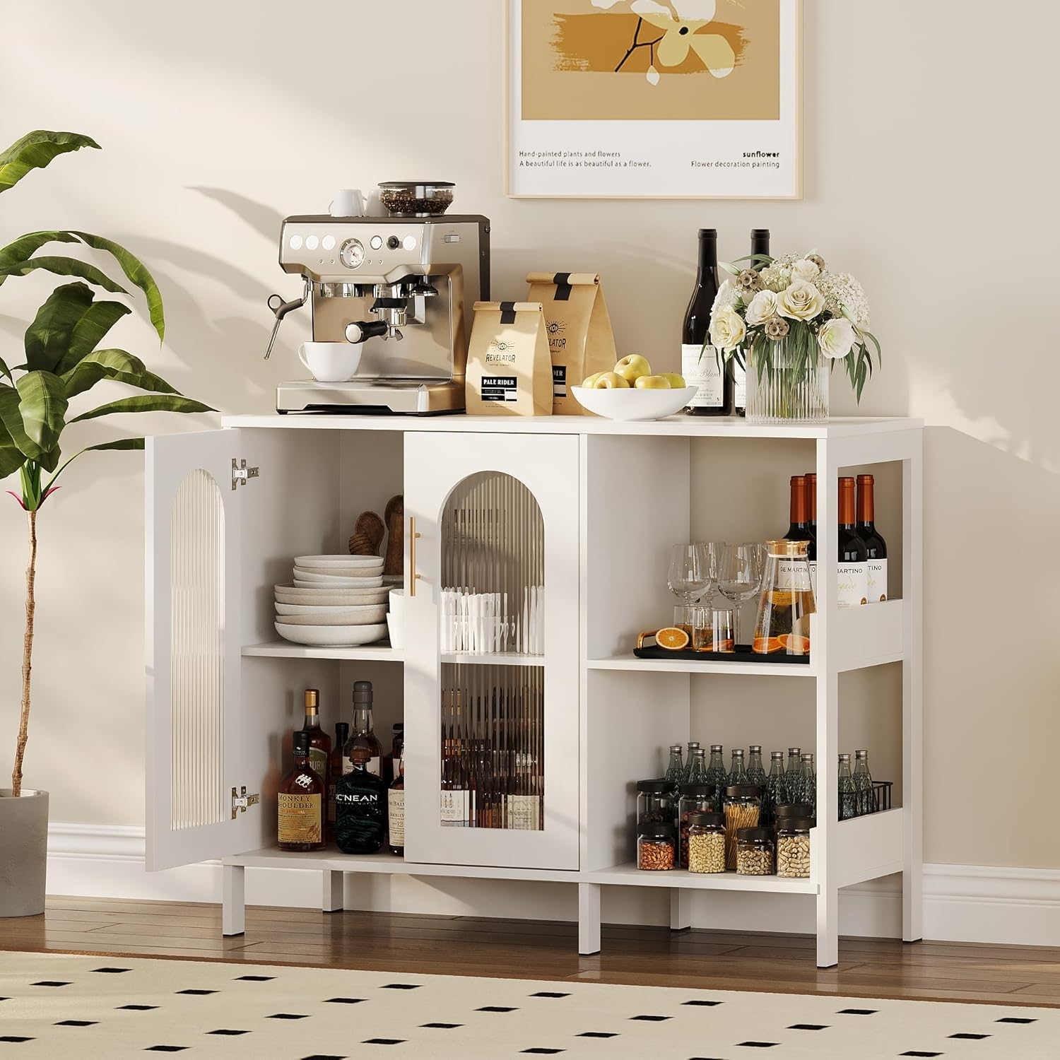 White Wooden Buffet Sideboard Cabinet with Glass Doors and Metal Handles