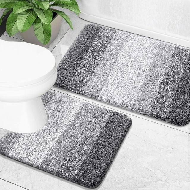 Buganda Bathroom Rugs Sets 2 Pieces, Soft Absorbent Microfiber Bath Mat And U-Shaped Contour Toilet Rug, Non-Slip Washable Bath Rugs (30"x20"+24"x20", Grey)