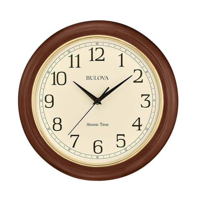 Bulova Clocks Atomic Time  Analog Quartz Wall Clock, Warm Brown Cherry